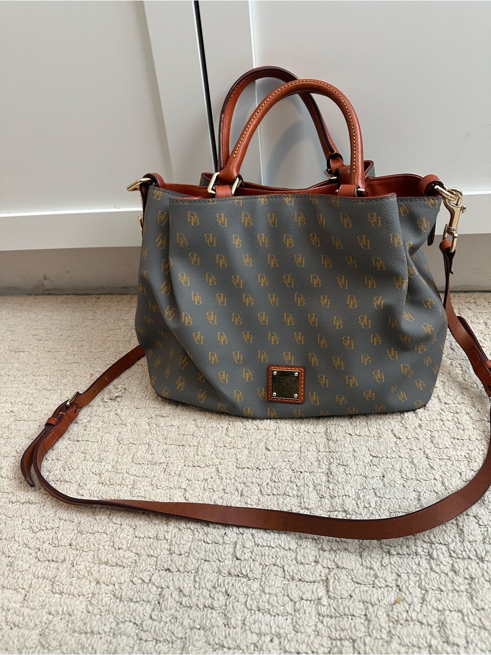 Dooney & Bourke Inspired Grey Logo Satchel with Brown Leather Trim